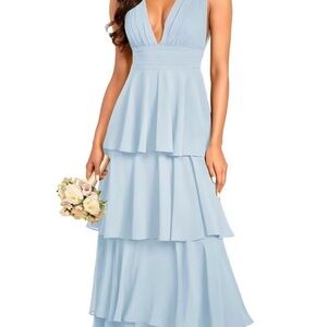 Elegant Light Blue Tiered Bridesmaid Dress